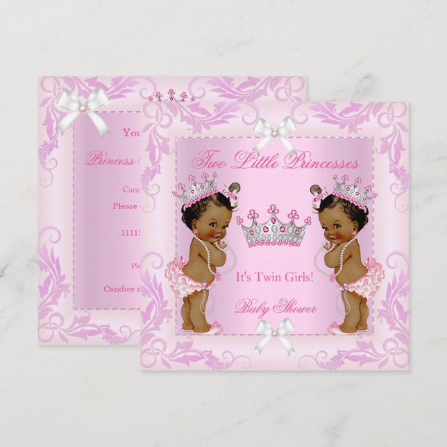 Invitación Tiara de gemelos para baby shower de princesa con  (Anverso / Reverso)