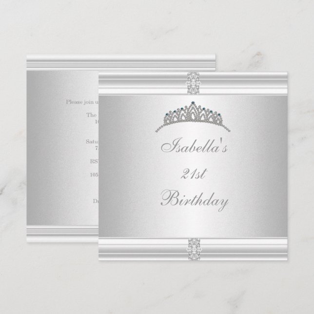 Invitación Tiara de joyas de cumpleaños 21 en plata y blanco (Anverso / Reverso)