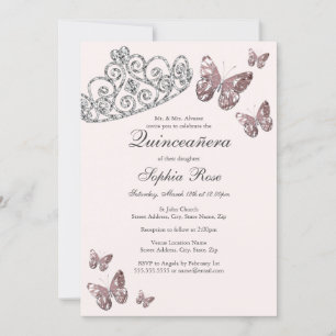 Invitación Tiara de joyas rosa rubor Mariposa Quinceañera