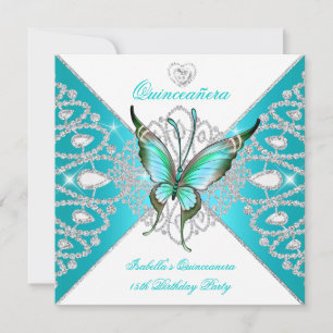 Invitación Tiara de Mariposa Azul Teal para Fiesta de Quincea