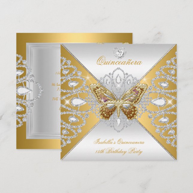 Invitación Tiara de Mariposa de Plata Dorada para Fiesta de Q (Anverso / Reverso)