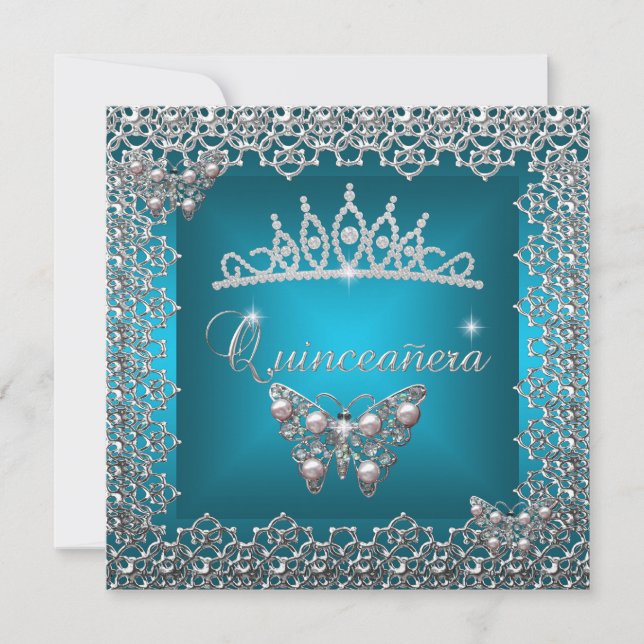 Invitación Tiara de mariposa de plata teal para cumpleaños de (Anverso)