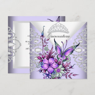 Invitación Tiara de Mariposa Lila Púrpura Quinceañera Floral