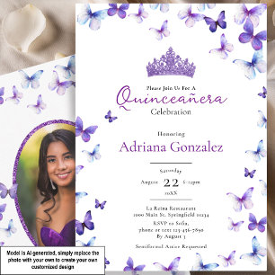 Invitación Tiara de Mariposas Moradas Foto 15 XV Quinceañera