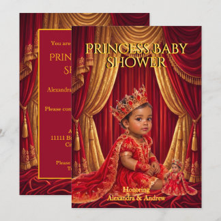 Invitación Tiara de muñeca roja dorada para baby shower de pr
