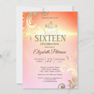 Invitación Tiara de Oro Chic Diamantes Remolinos Fiesta Dulce
