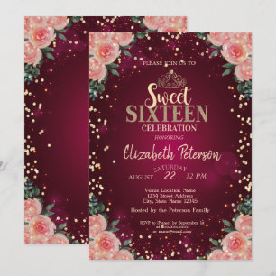Invitación Tiara de oro chic, flores de color burgundy y diam