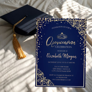 Invitación Tiara de oro chic,Quinceañera azul con diamantes