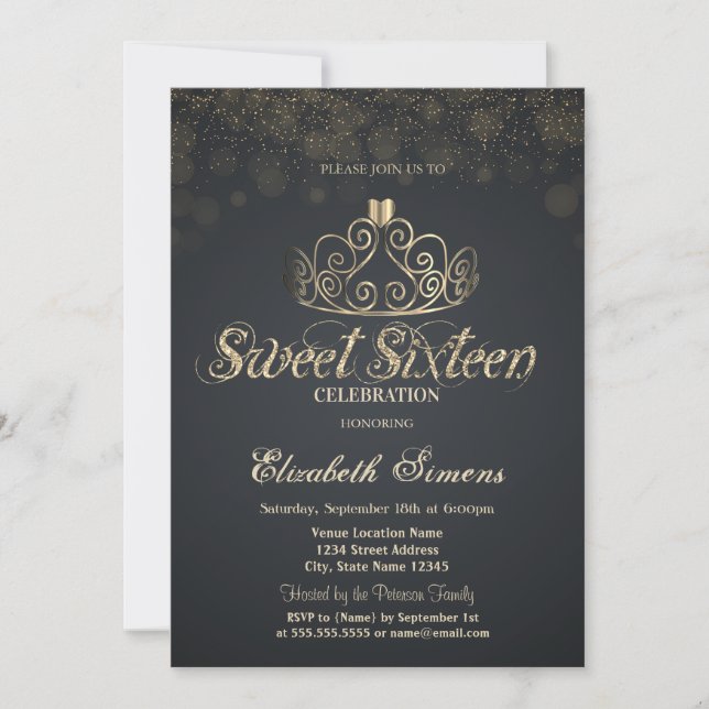Invitación Tiara de oro Confeti Princesa Gris Dulces 16 (Anverso)