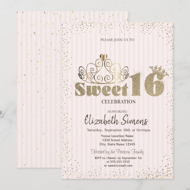 Invitación Tiara de oro Confeti Princesa Rayada Dulces 16 (Anverso / Reverso)