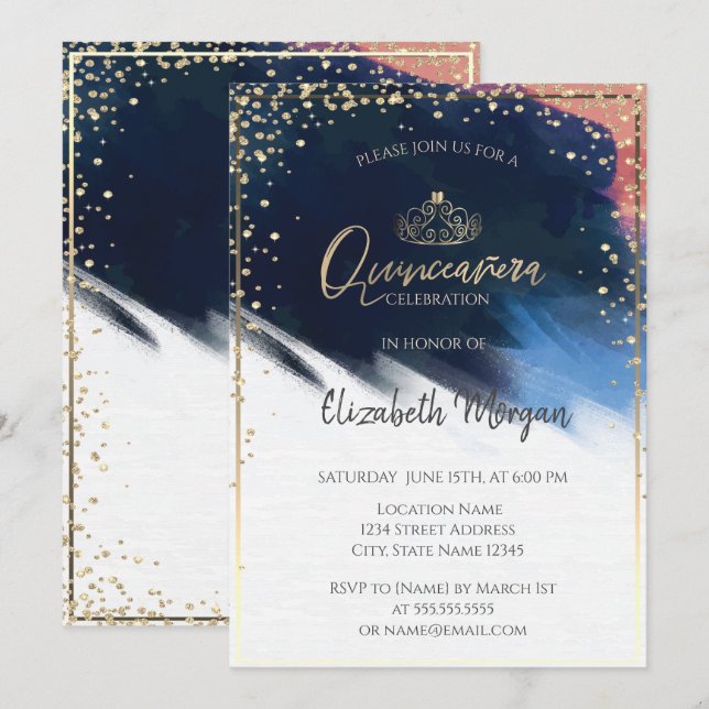 Invitación Tiara de oro, Confetti, salto de brocha acuarela (Anverso / Reverso)