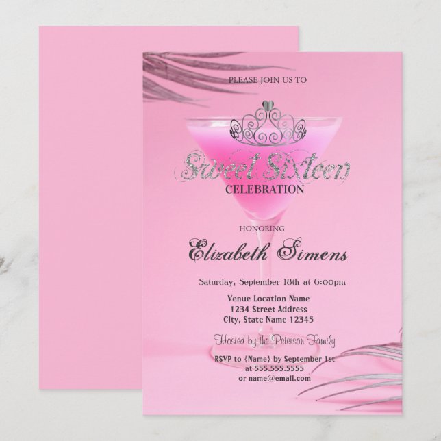 Invitación Tiara de oro de cóctel rosa Sweet 16 (Anverso / Reverso)