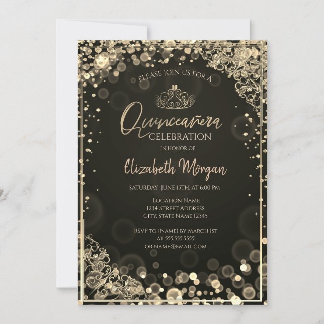 Invitación Tiara de oro de moda, Quinceañera de oro oscuro de (Anverso)