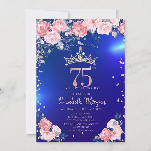 Invitación Tiara de Oro Diamantes Flores Azul 75 Cumpleaños (Anverso)