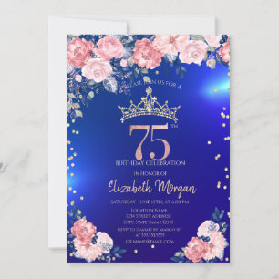 Invitación Tiara de Oro Diamantes Flores Azul 75 Cumpleaños