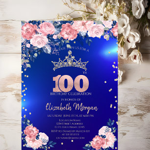 Invitación Tiara de oro diamantes flores azul cumpleaños 100