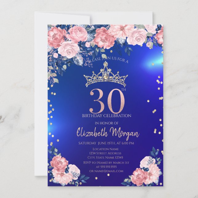 Invitación Tiara de Oro Diamantes Flores Azul Cumpleaños 30 (Anverso)