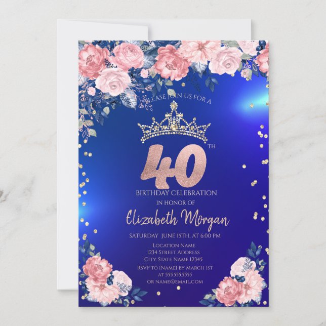 Invitación Tiara de Oro Diamantes Flores Azul Cumpleaños 40 (Anverso)