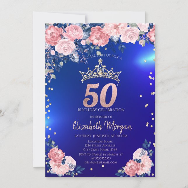 Invitación Tiara de Oro Diamantes Flores Azul Cumpleaños 50 (Anverso)