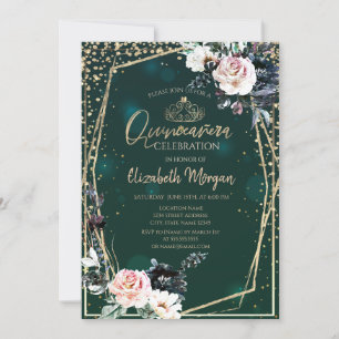 Invitación Tiara de Oro, Diamantes Flores Chic Quinceañera