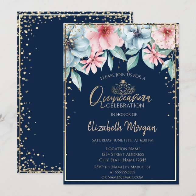 Invitación Tiara de oro, diamantes, Quinceañera floral (Anverso / Reverso)