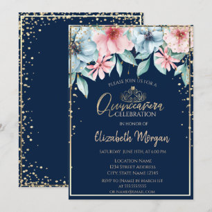 Invitación Tiara de oro, diamantes, Quinceañera floral