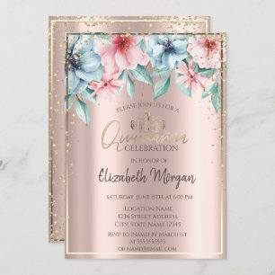 Invitación Tíara de oro, diamantes, Rosa floral de oro Quince