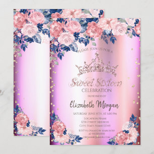 Invitación Tiara de oro diamantes rosas azul rosa Sweet 16