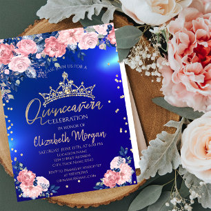 Invitación Tiara de Oro Diamantes Rosas Quinceañera Azul
