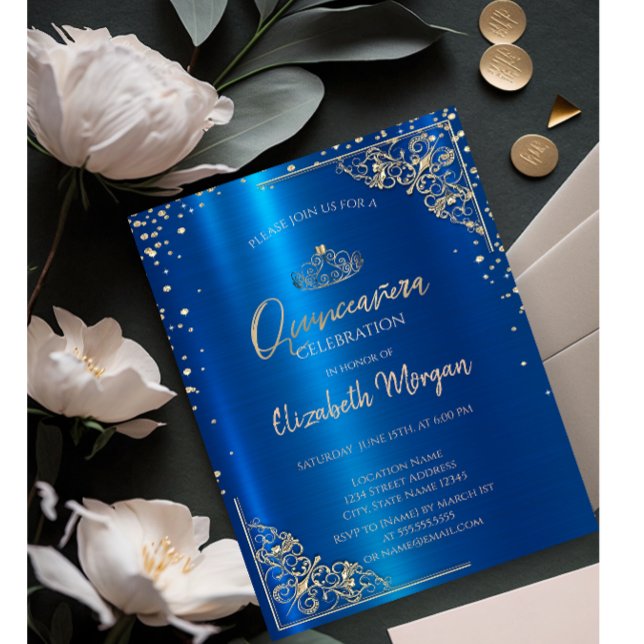Invitación Tiara de oro, diamonds azul metálico Quinceañera (Subido por el creador)