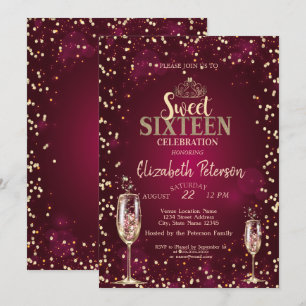 Invitación Tiara de oro, Diamonds Champagne Glass Sweet 16