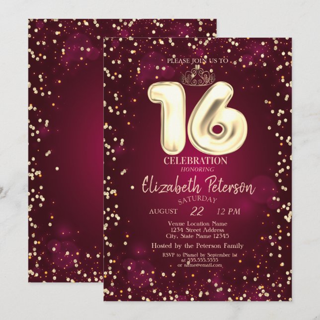 Invitación Tiara de oro, Diamonds Dulces de Borgoña 16 Fiesta (Anverso / Reverso)