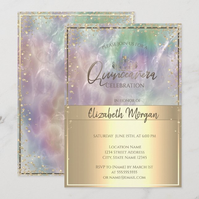 Invitación Tiara de oro, Diamonds Holographic Pearl Quinceañe (Anverso / Reverso)