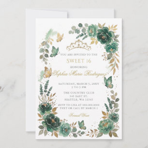 Invitación Tiara de oro esmeralda mariposa floral Sweet 16