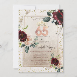 Invitación Tiara de Oro, Flores Burgundy Cumpleaños 65