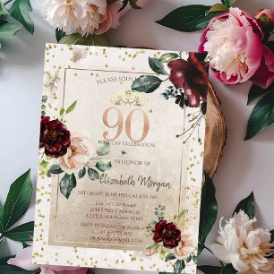 Invitación Tiara de Oro, Flores Burgundy Cumpleaños 90