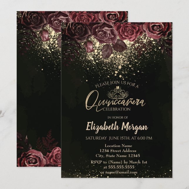 Invitación Tiara de oro, Flores de Borgoña Confetti Quinceañe (Anverso / Reverso)