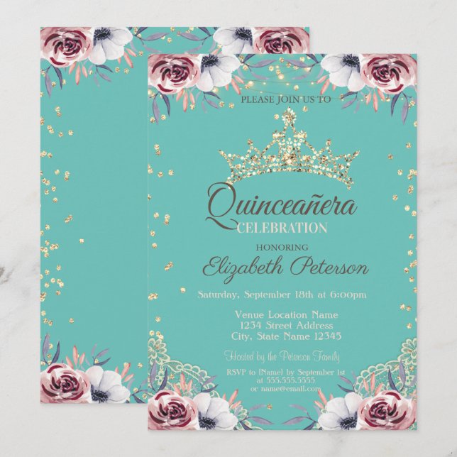 Invitación Tiara de Oro,Flores de Diamantes Verde Menta Quinc (Anverso / Reverso)