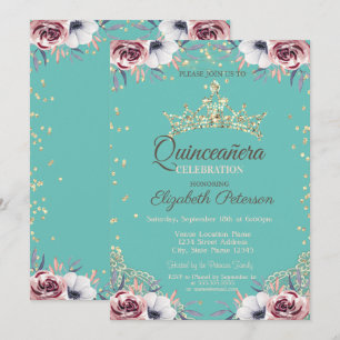 Invitación Tiara de Oro,Flores de Diamantes Verde Menta Quinc