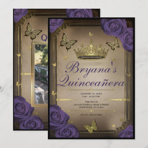 Invitación Tiara de oro mariposas rosas púrpura Quinceañera 