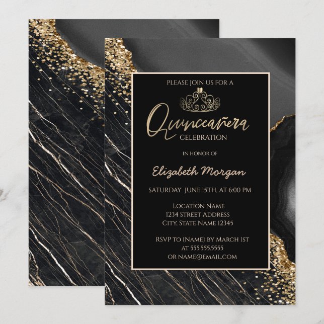 Invitación Tiara de oro moderno elegante, mármol negro (Anverso / Reverso)