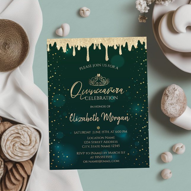 Invitación Tiara de oro, Purpurina gotea Quinceañera verde (Subido por el creador)