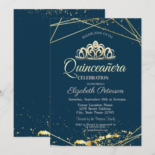 Invitación Tiara de oro, Quinceañera azul de la marina (Anverso / Reverso)