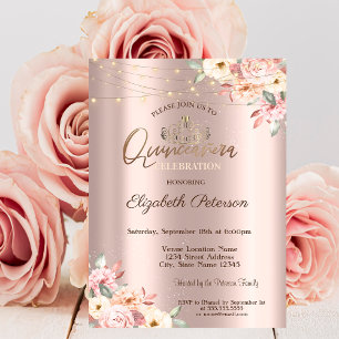 Invitación Tiara de Oro, Rosa Dorada Floral con Luces Quincea