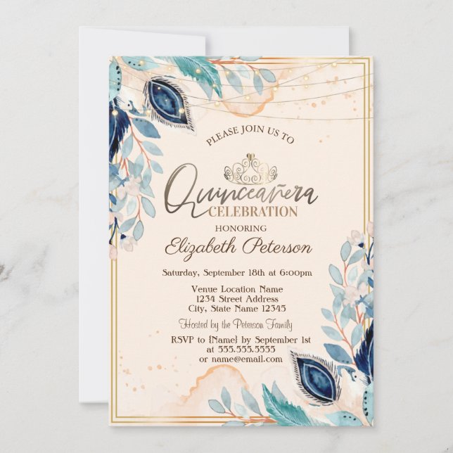 Invitación Tiara de oro, String Luces Flores de madera Quince (Anverso)