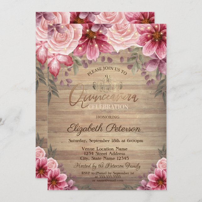 Invitación Tiara de oro, String Luces Flores Madera Quinceañe (Anverso / Reverso)