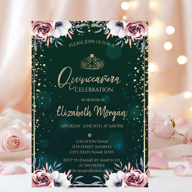 Invitación Tiara de oro verde, flores de diamantes Quinceañer (Subido por el creador)