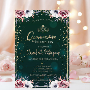 Invitación Tiara de oro verde, flores y diamantes Quinceañera