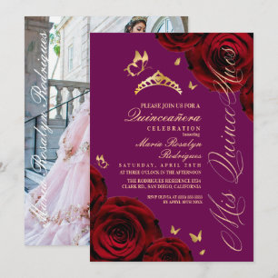 Invitación Tiara de oro y ciruela roja Quinceañera