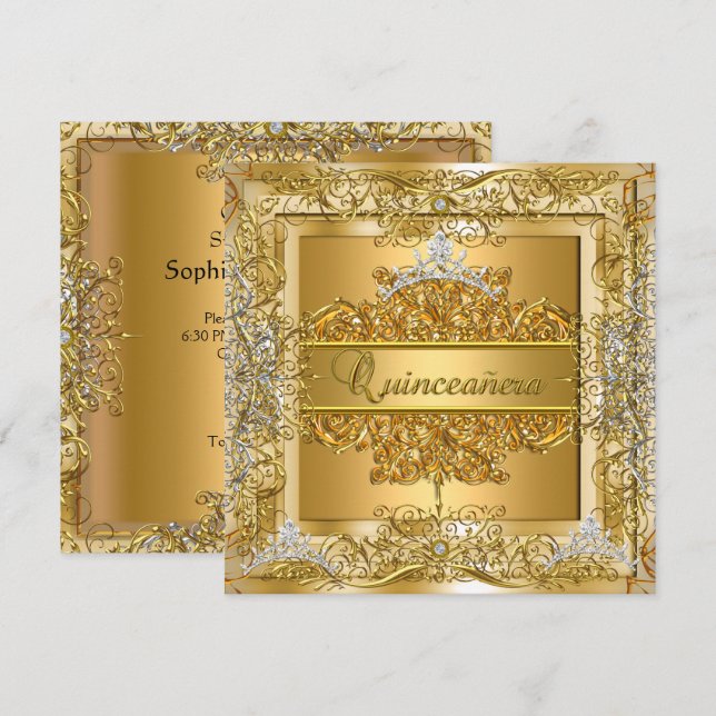 Invitación Tiara de oro y plata para cumpleaños de Quinceañer (Anverso / Reverso)